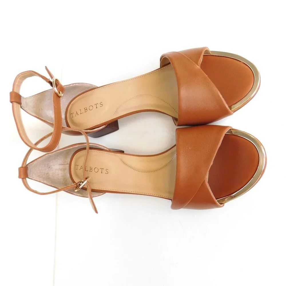 Talbots Open Toe Block 1"  Heel Camel Leather Shoes Sandals Size 7 Ankle Strap - Picture 2 of 10